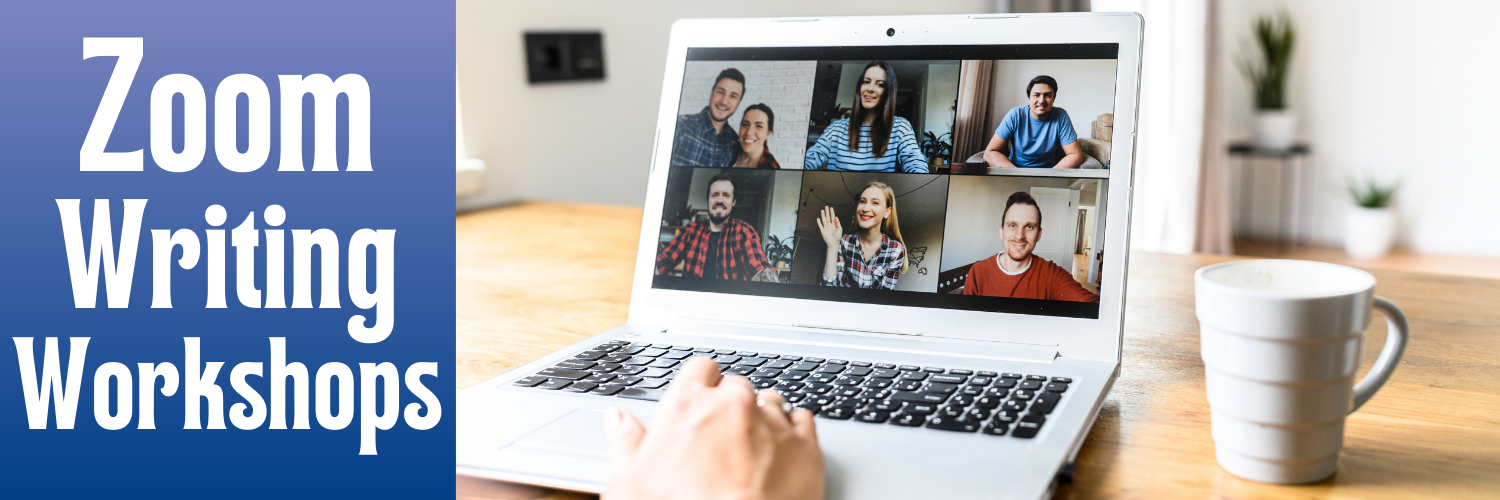 Hand at laptop computer with 6 people on the screen and a coffee mug beside it.